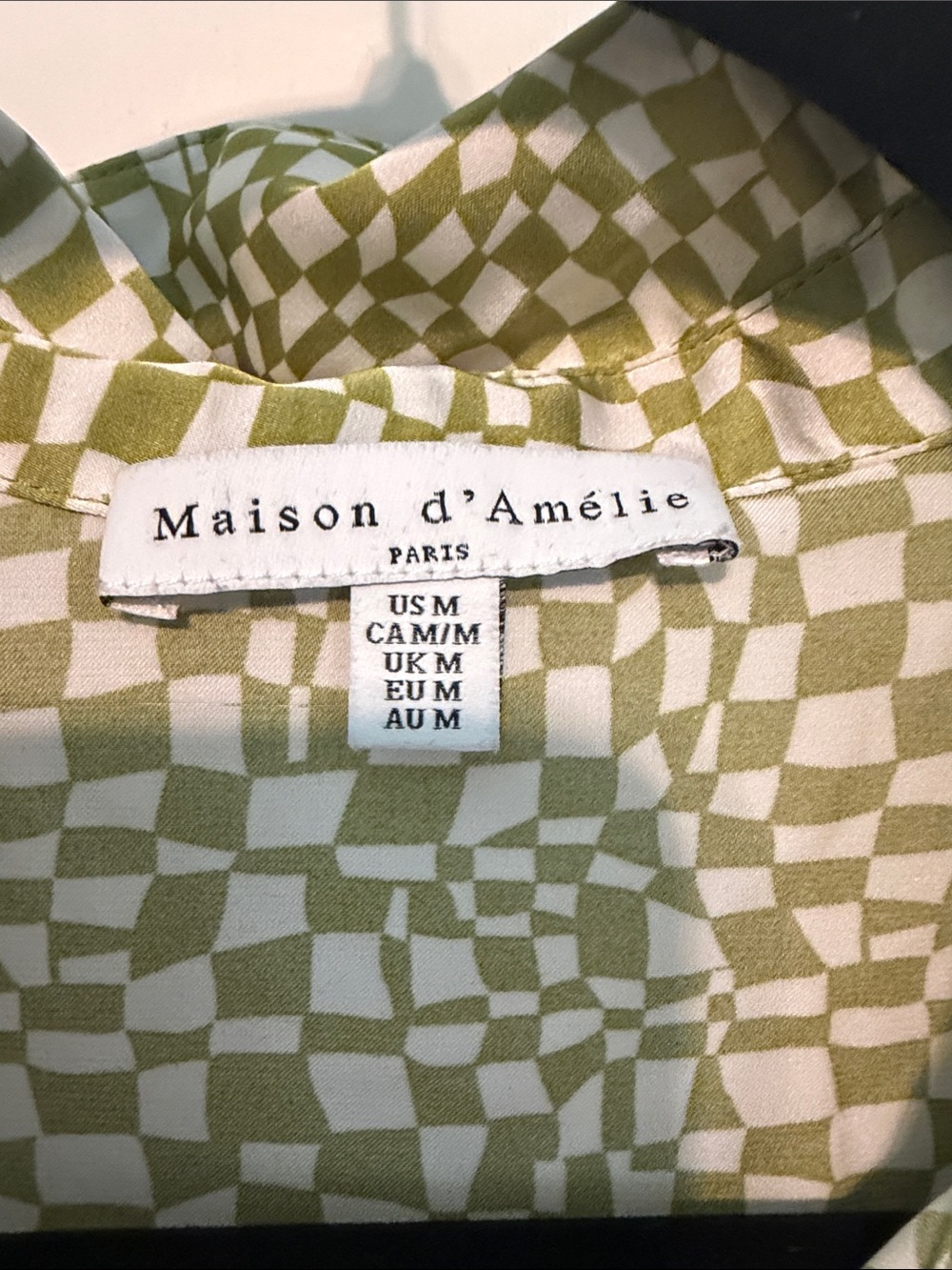 Maison D’Amelie Tie-Front Checker 70s Vibe Button-Down Shirt - Olive Green Size - Picture 2 of 14